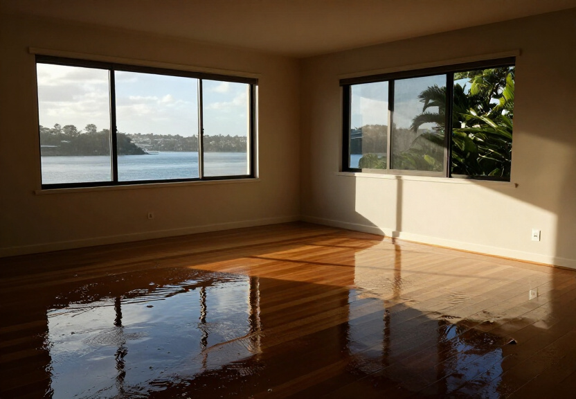 Flooded living room in Port Botany home with water damage
